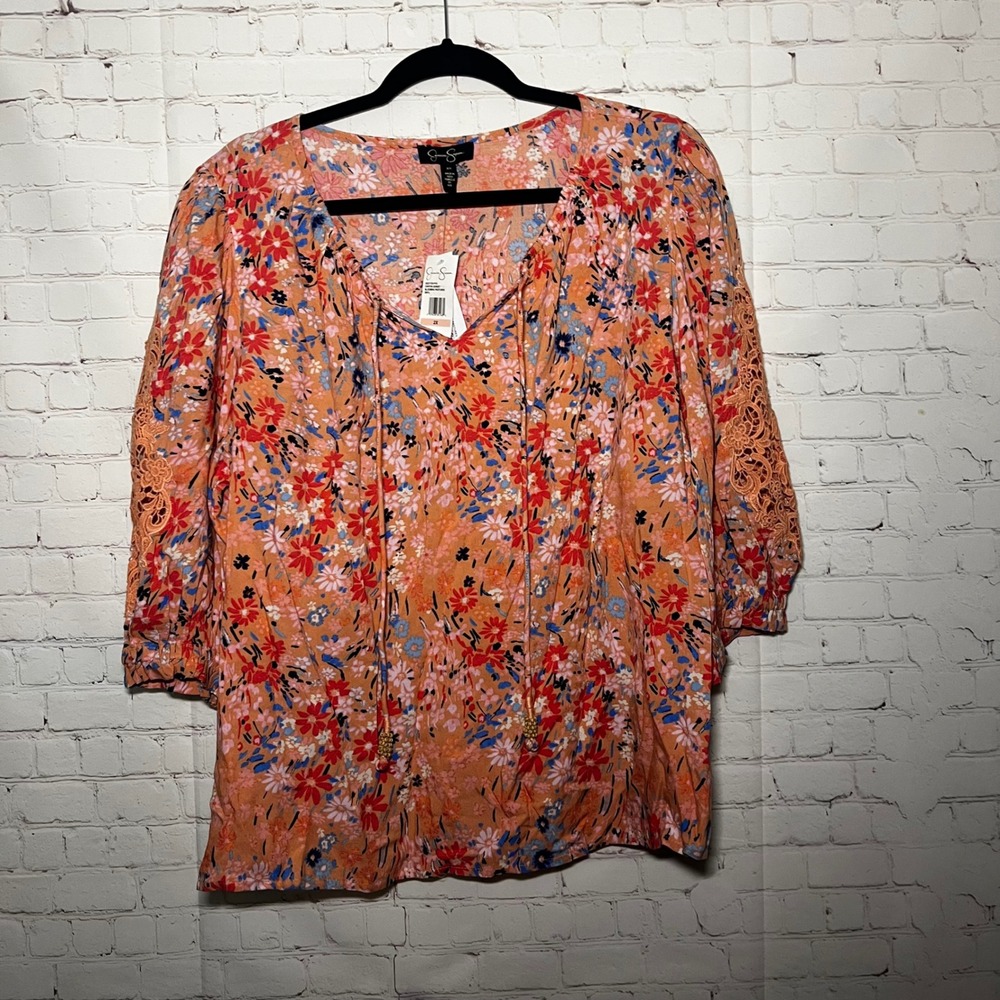 NWT Jessica‎ Simpson Floral Print  Blouse Pink Lace Sleeve Boho Plus Size 2x